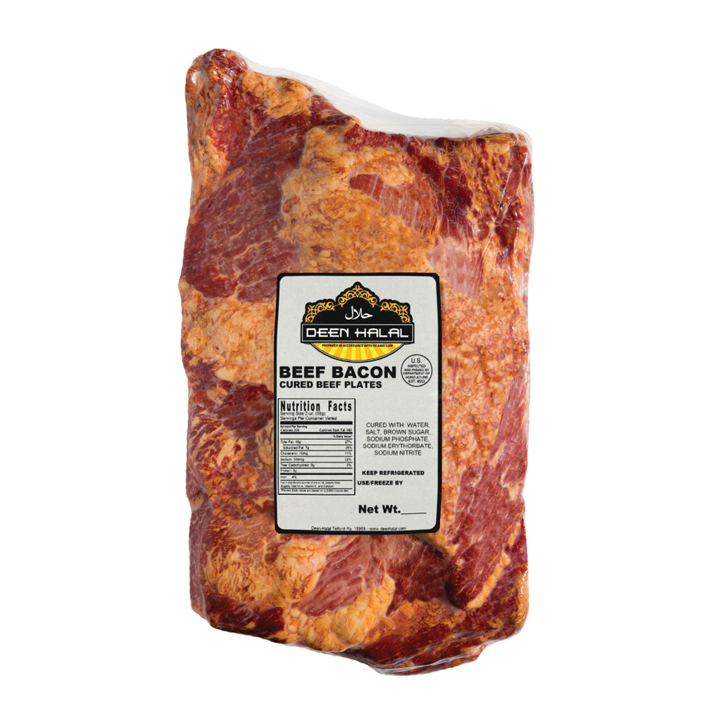 Deen Halal Beef Bacon Cured Beef Plates Slab Catch 9#, (Box of 2) (Per Pound)