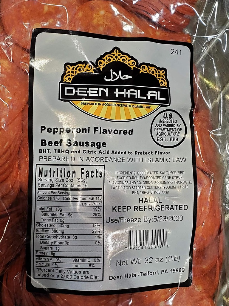 Deen Halal Pepperoni Flavored Beef Sausage 2 #, (Box of 6)