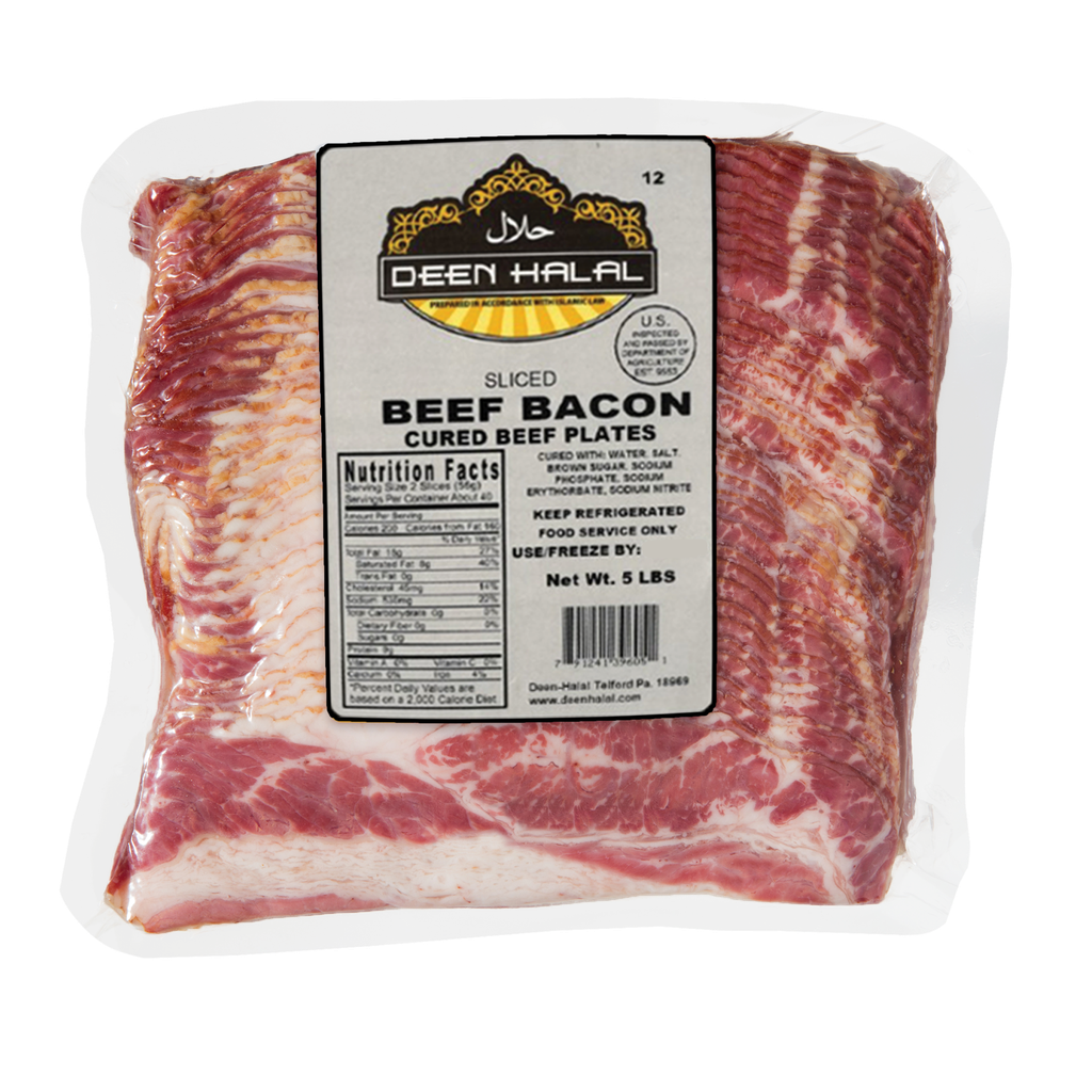 Deen Halal Beef Bacon Cured Beef Plates 5#, (Box of 2)