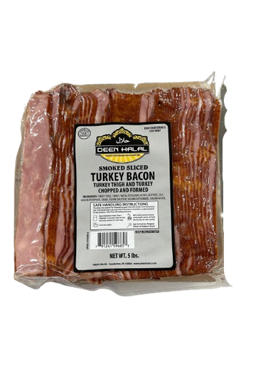 [101E-384-042] Deen Halal Turkey Bacon Slab sliced  5 #, (Box of 2)